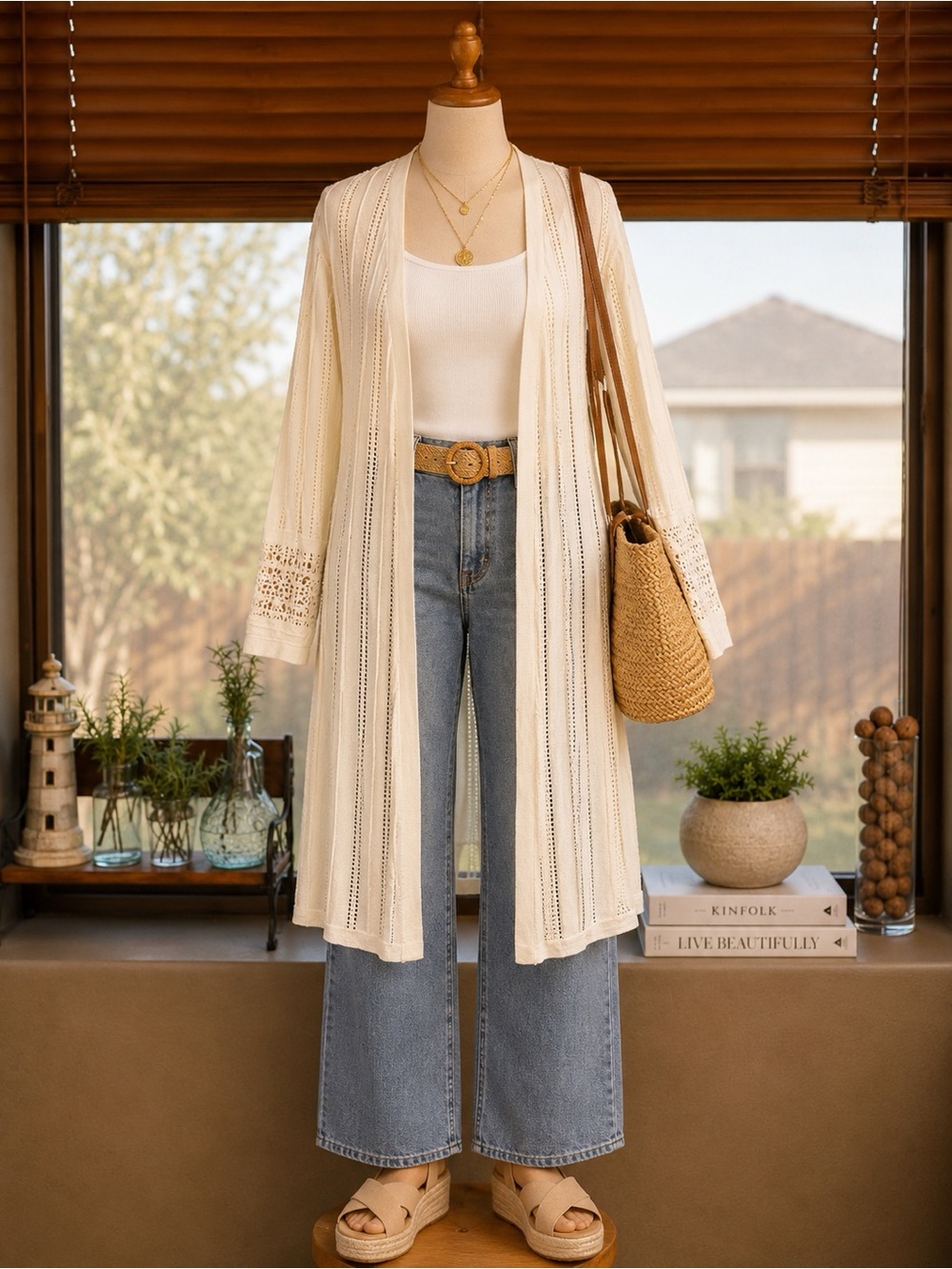 Charter Club Ivory Open Front Duster Cardigan | Long Knit Layering Sweater